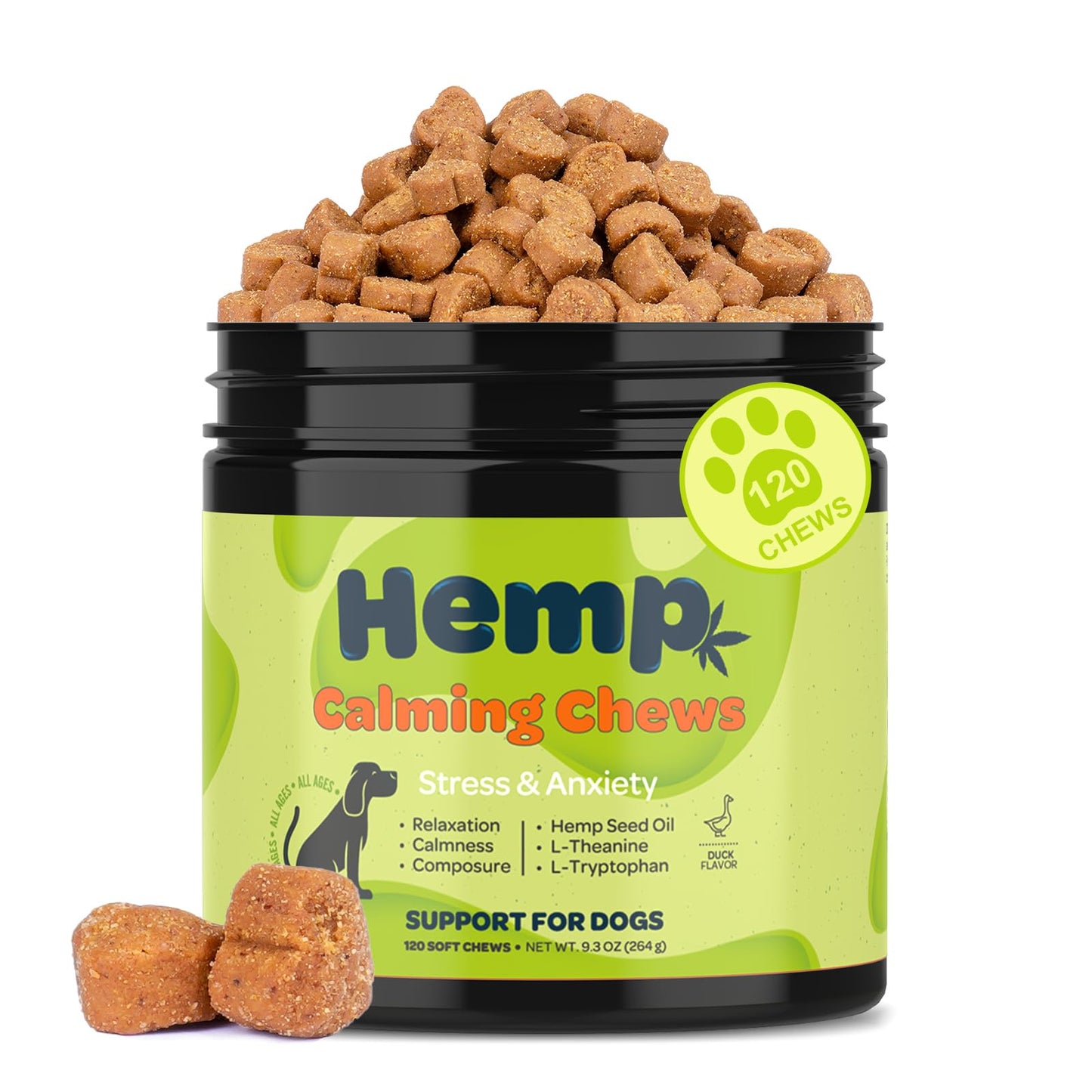 Bluelage Hemp Calming Chews for Dogs Anxiety Separation Anxiety Relief for Dogs Calming Treats Pet Calming Care Chews for Dogs Stress and Anti Anxiety Relief Duck 120 Count