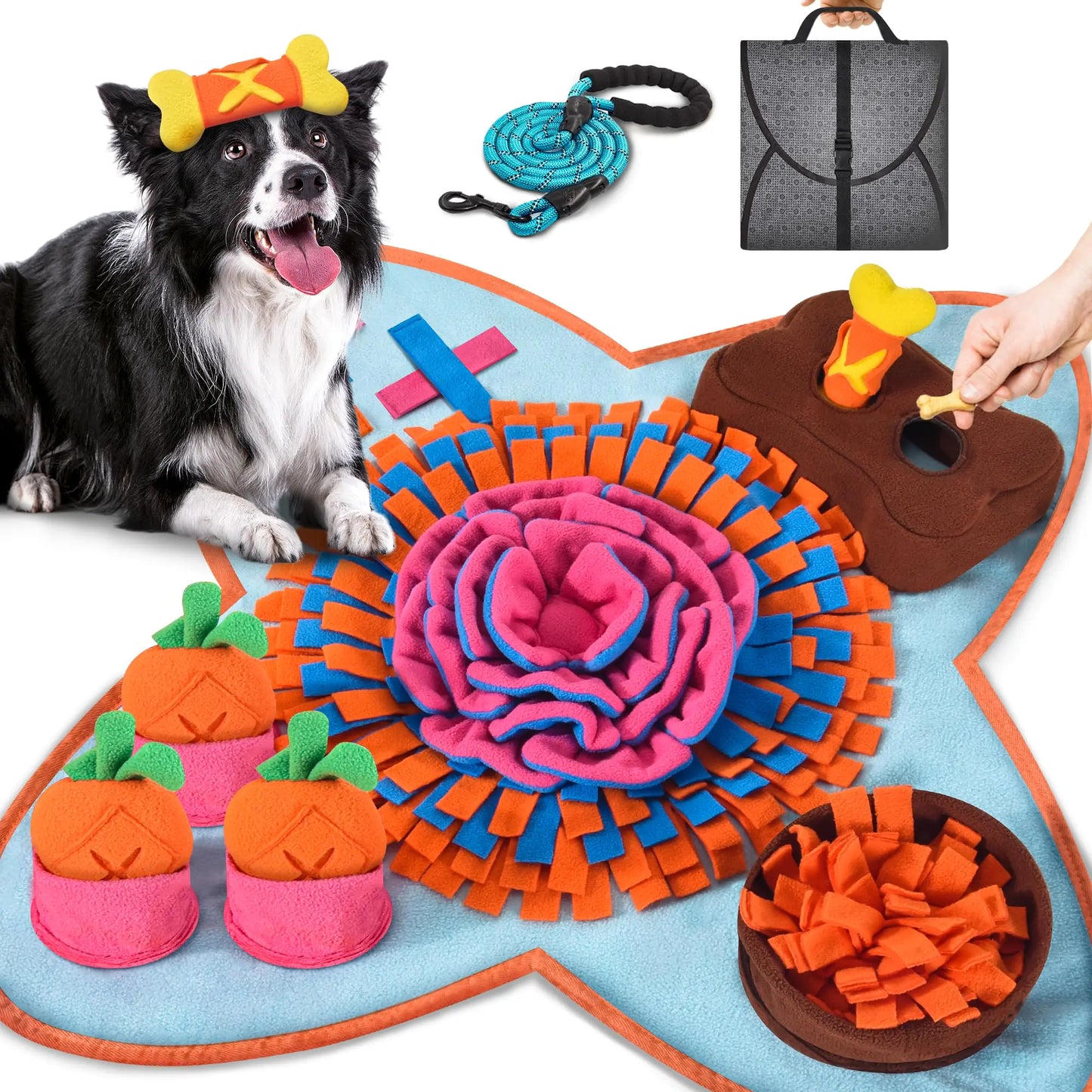 A dog playing with colorful toys on a snuffle mat.
