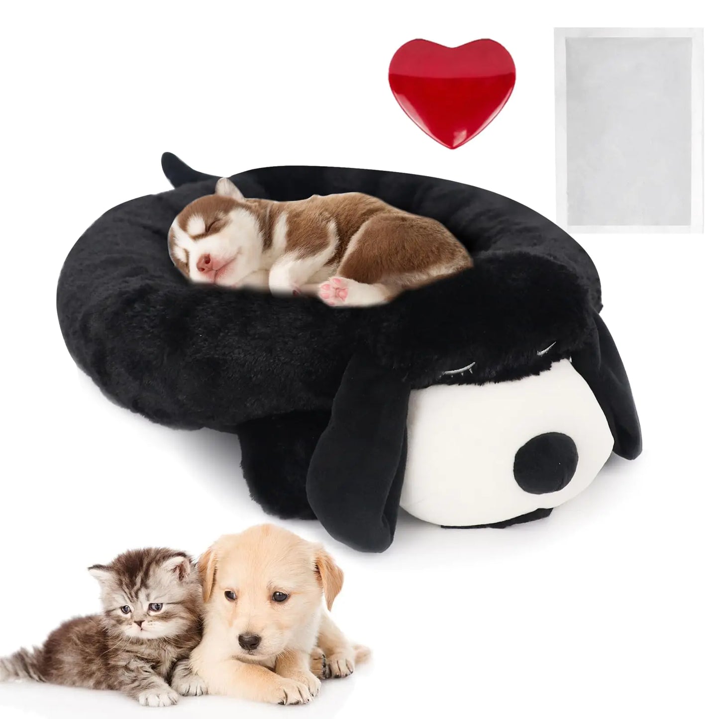 Black dog-shaped pet bed with a red heart above it, surrounded by a puppy and kitten on a white background.