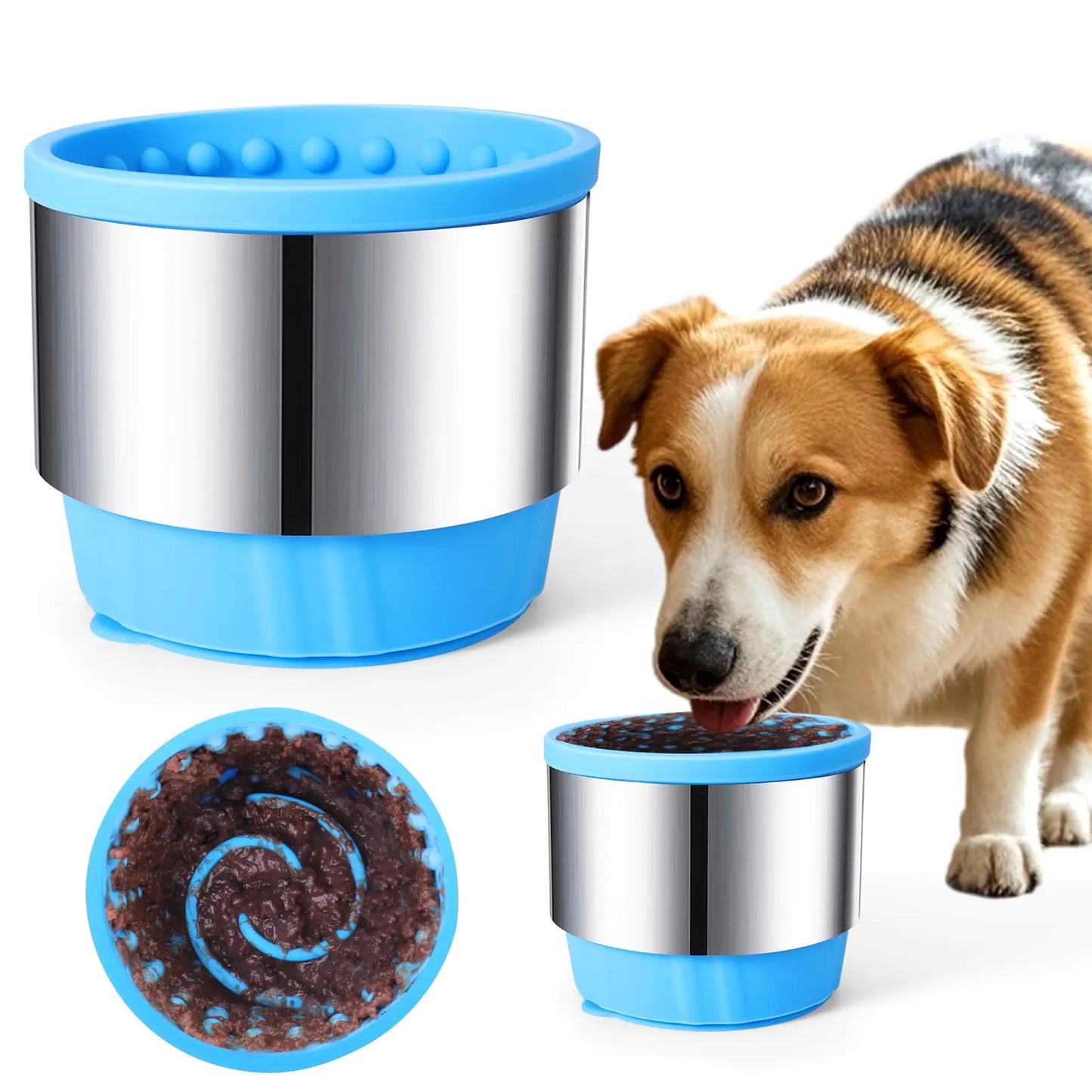 Blue and silver pet feeder with a dog eating from it on a white background
