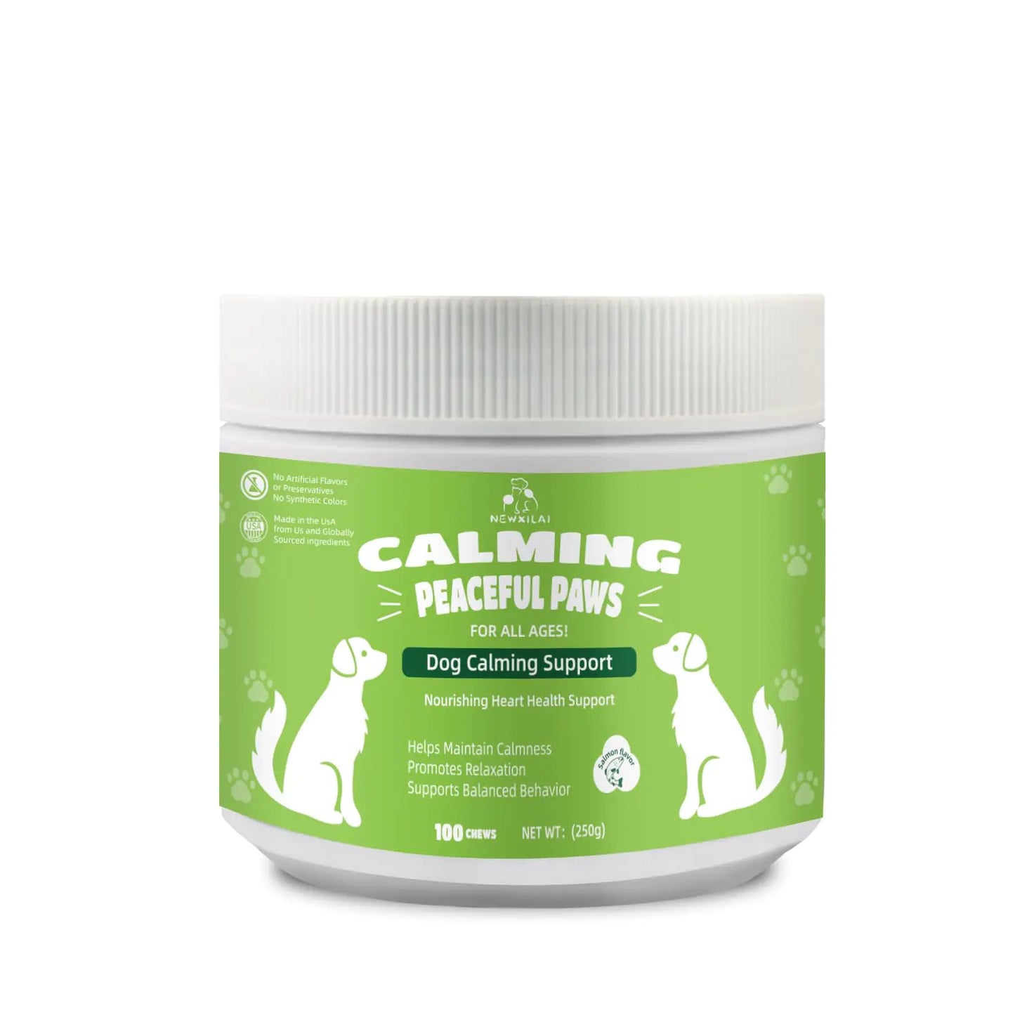 Jar of 'Calming Peaceful Paws' dog supplement on a white background