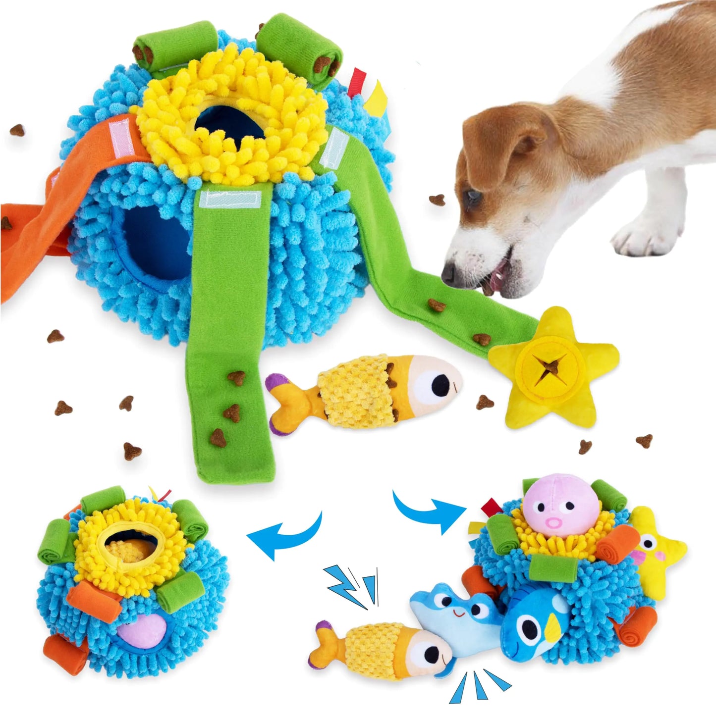 Colorful dog toy with a dog interacting with it on a white background