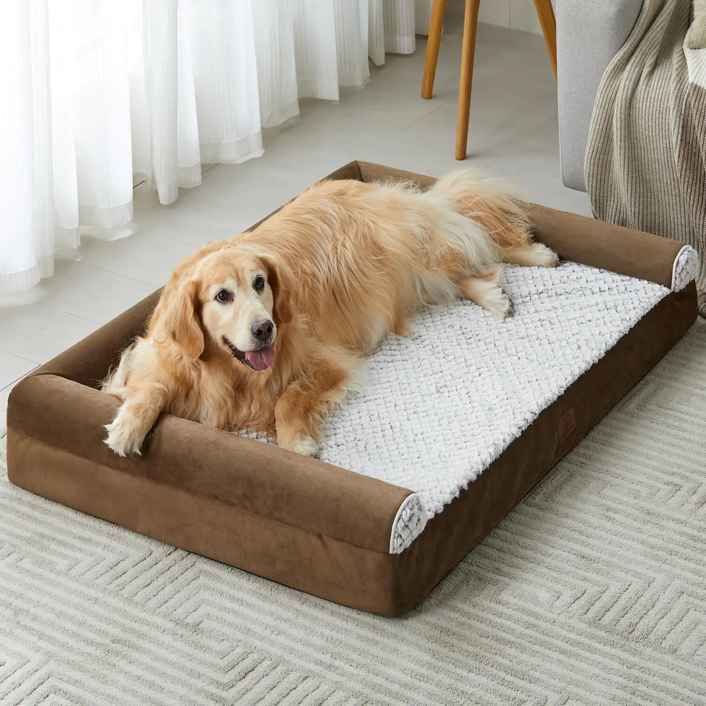 Dog lying on a brown and white pet bed in a home setting.