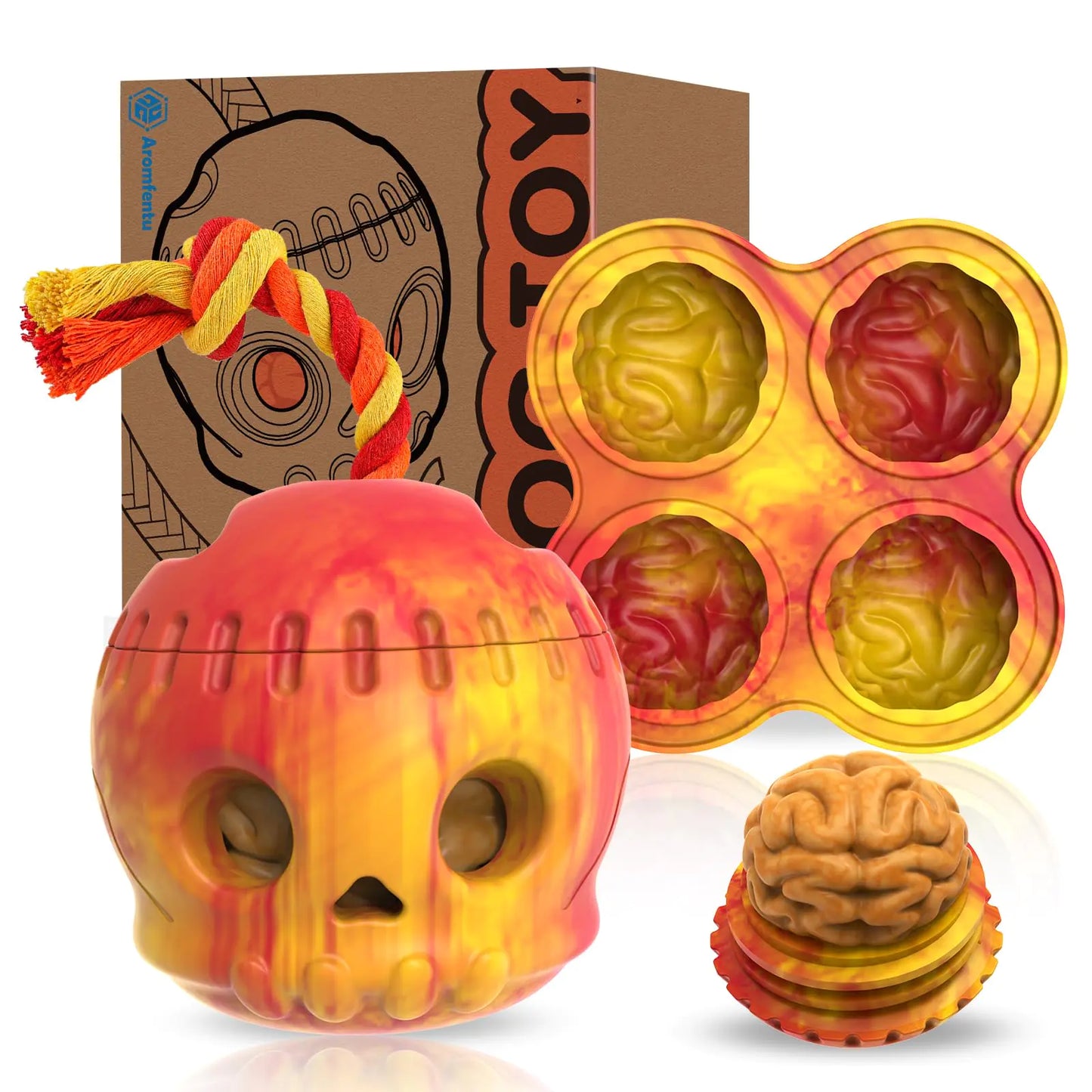 Dog toy set with skull-shaped ball, brain-shaped puzzle, and packaging on a white background