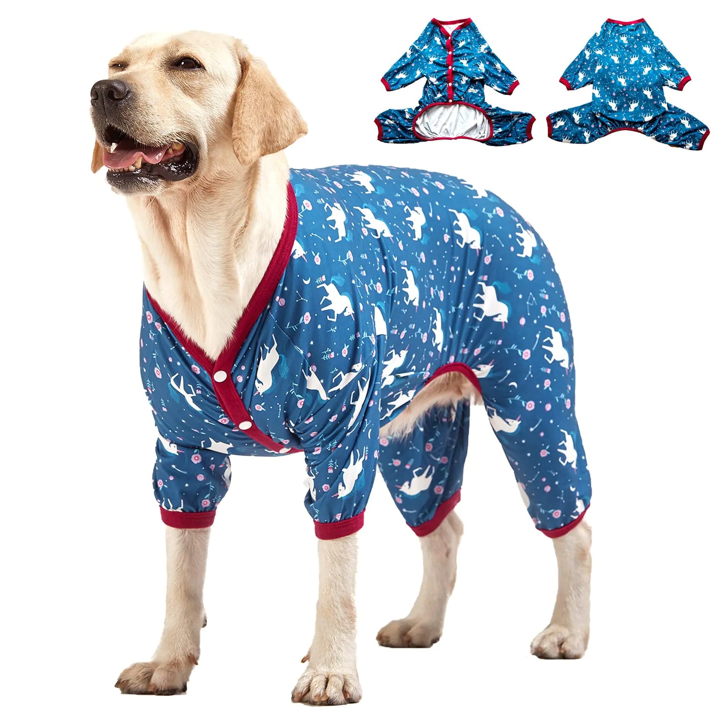 Dog wearing a blue pajama with white patterns, standing next to two additional pajama pieces on a white background.