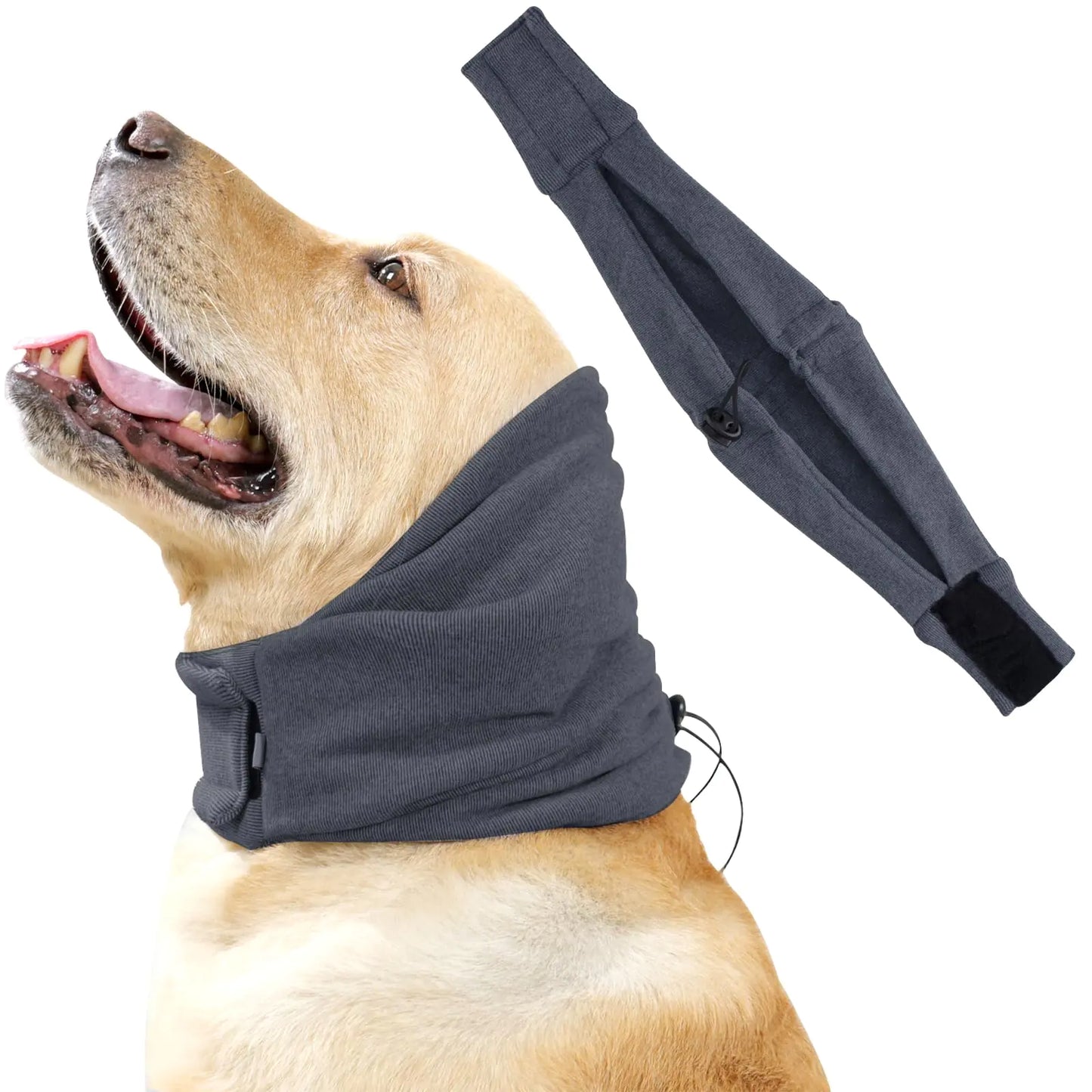Dog wearing a gray fleece neck warmer snood, with a matching pouch on a white background