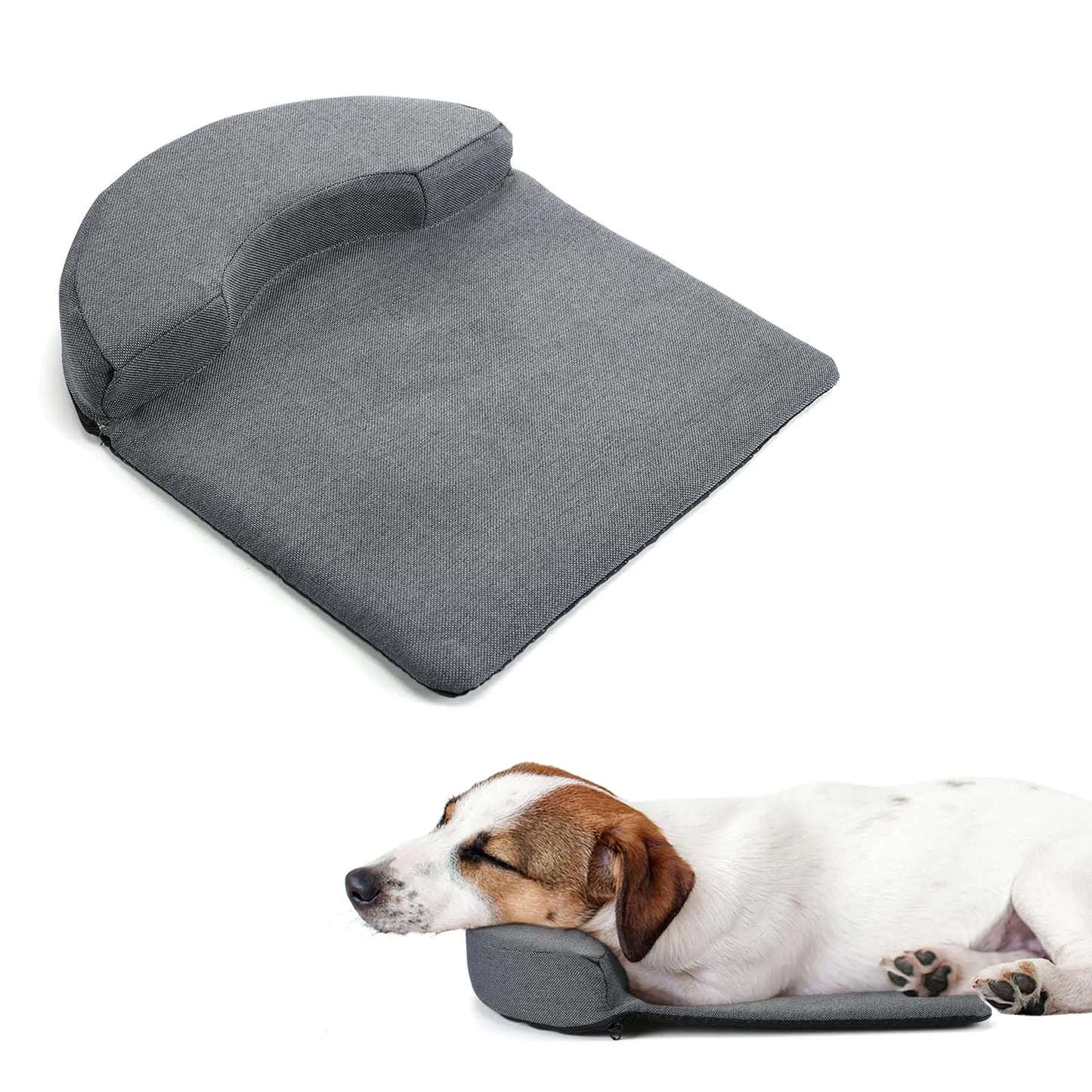 Gray pet cushion with a dog lying on it on a white background