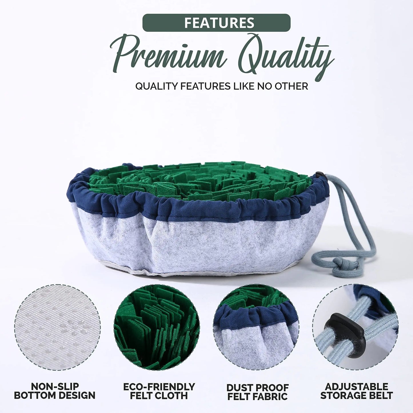 Green and blue pet bed with features highlighted on a white background