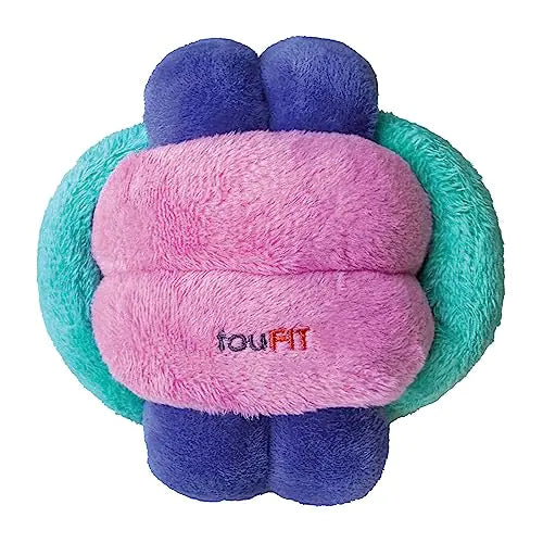 Plush toy shaped like a paw with pink center and blue and green outer layers on a white background