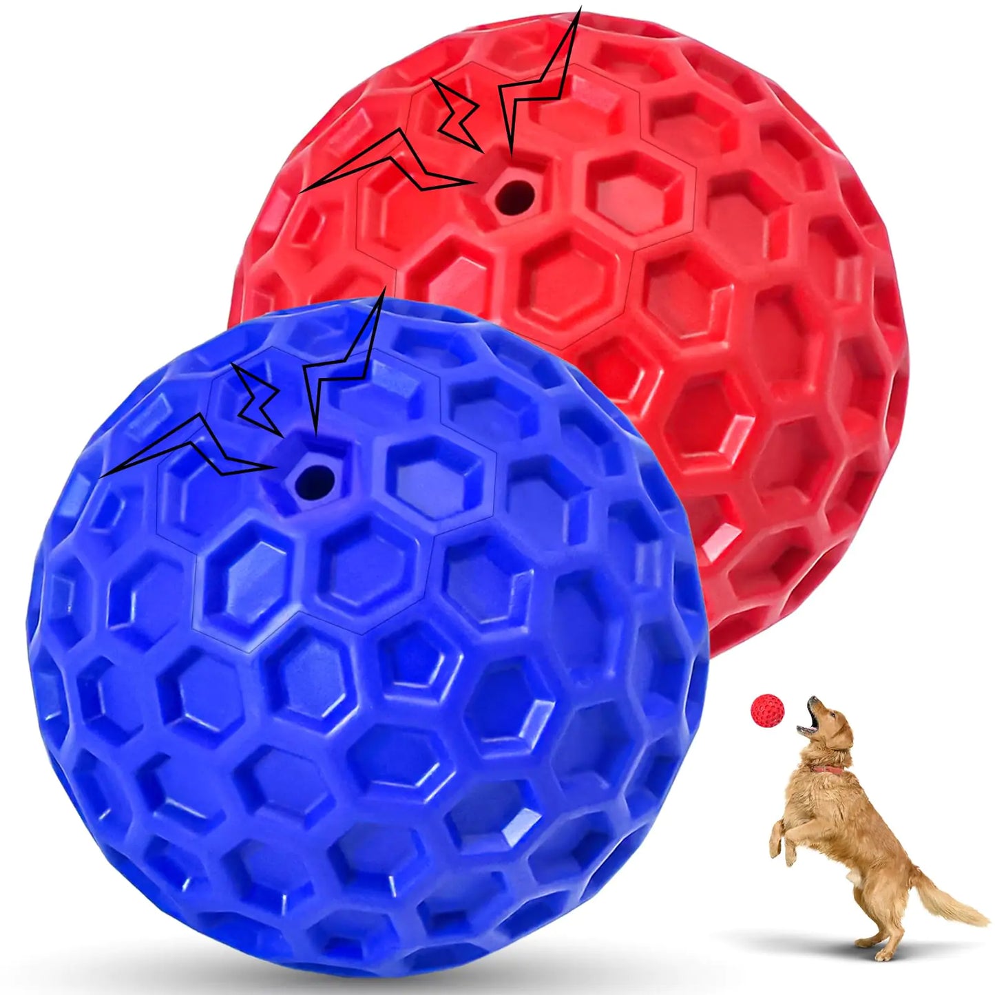 Red and blue textured dog balls with a dog playing with a red ball on a white background