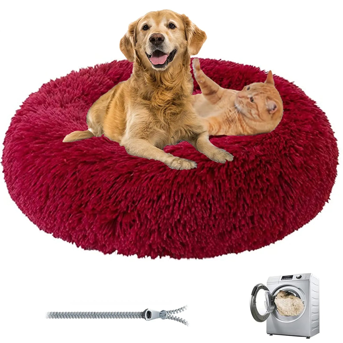Red fluffy pet bed with a dog and cat on it, accompanied by a washing machine icon and cleaning tool.
