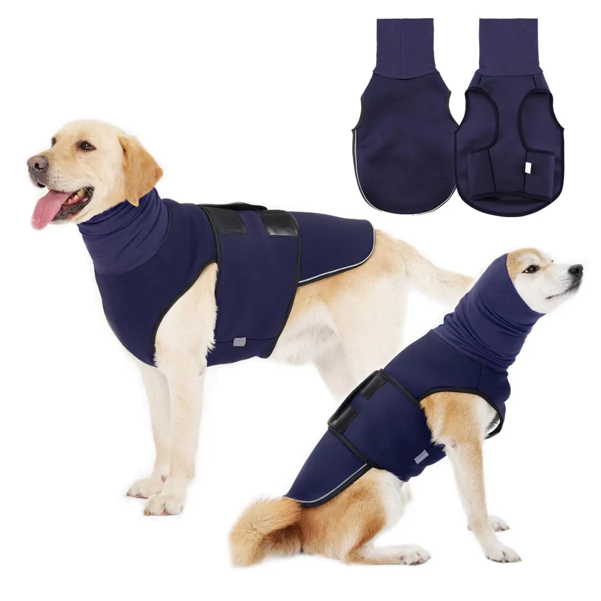 Two dogs wearing navy blue anxiety jackets with two additional views of the coats on a white background