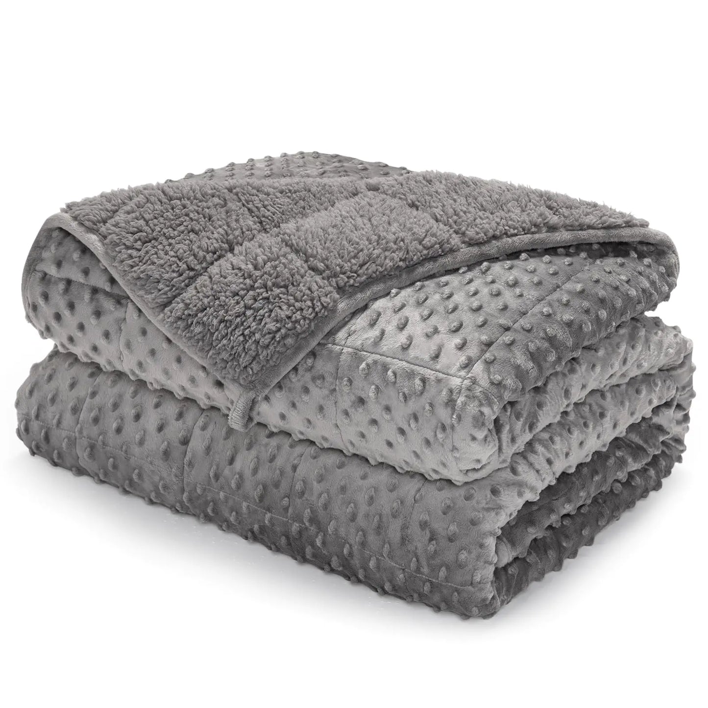 Stack of gray textured blankets on a white background