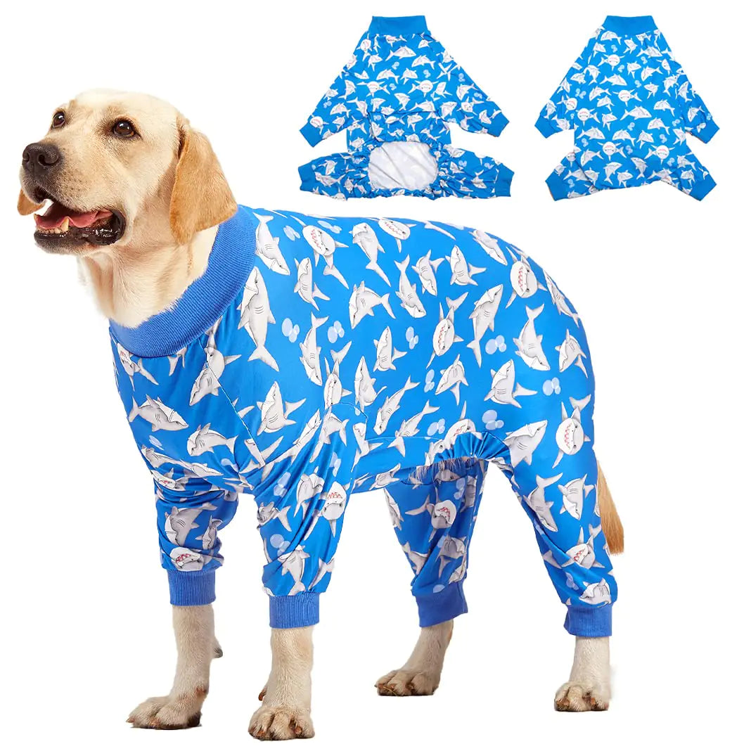 LovinPet Large Dog Pjs UV Protection Pet Anxiety Relief Onesies Lightweight Stretchy Blue Shark Print Dog Clothes Undershirt for Dog Sweaters and Coats Large Breed Dog Pajamas Pet PJs/Medium
