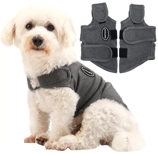 A small dog wearing a gray anxiety vest with two additional views displayed above on a white background.
