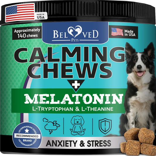 Beloved Pets Calming Chews with Melatonin for dogs on a teal background