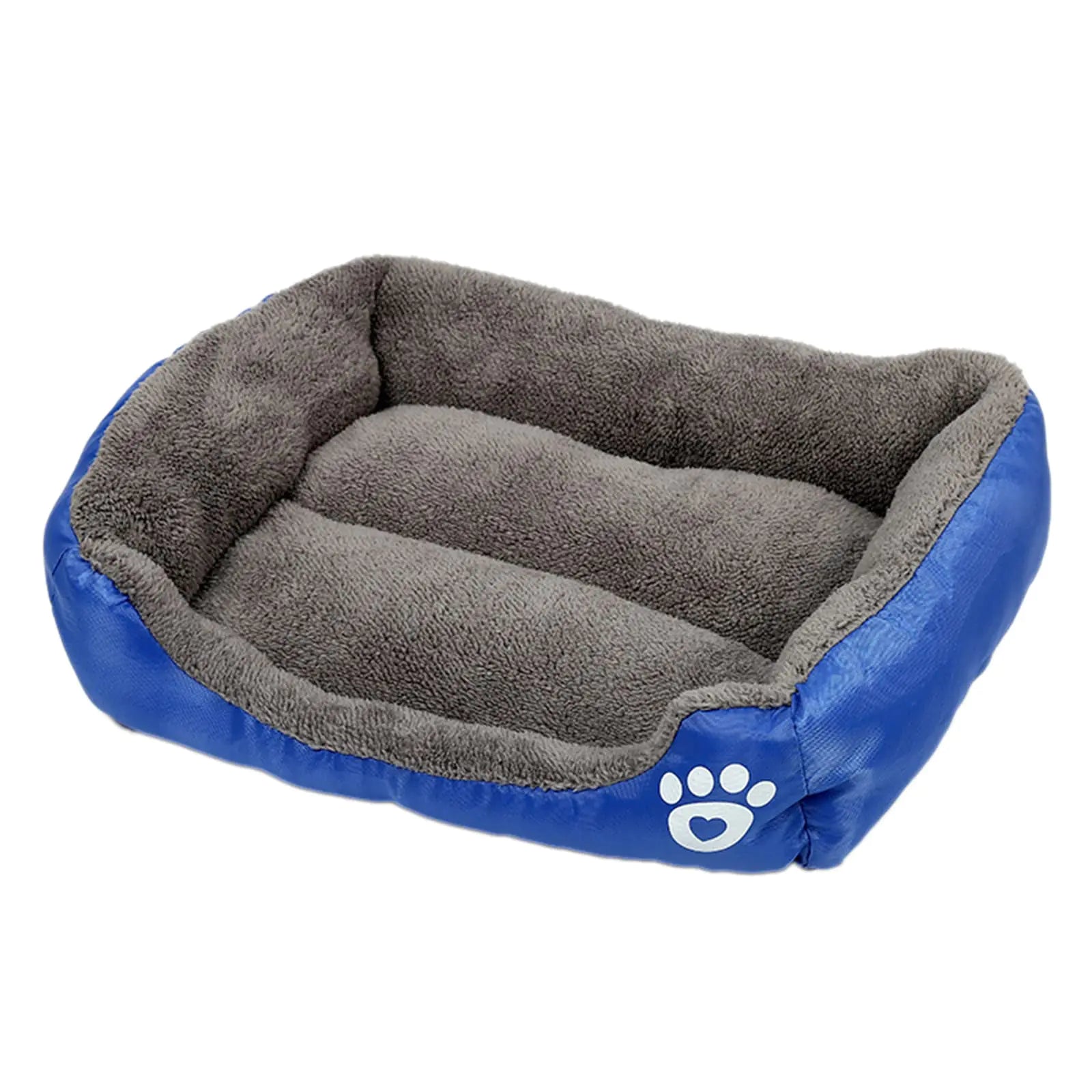 Blue and gray pet bed with a paw print design on a white background