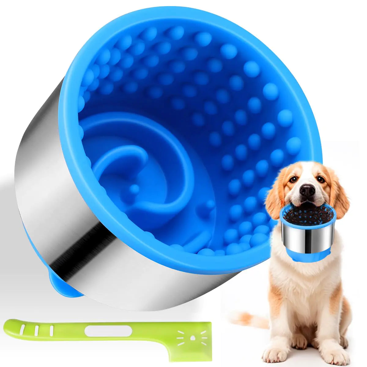 Blue and silver lick bowl, slow feeder, freeezer safe on a white background