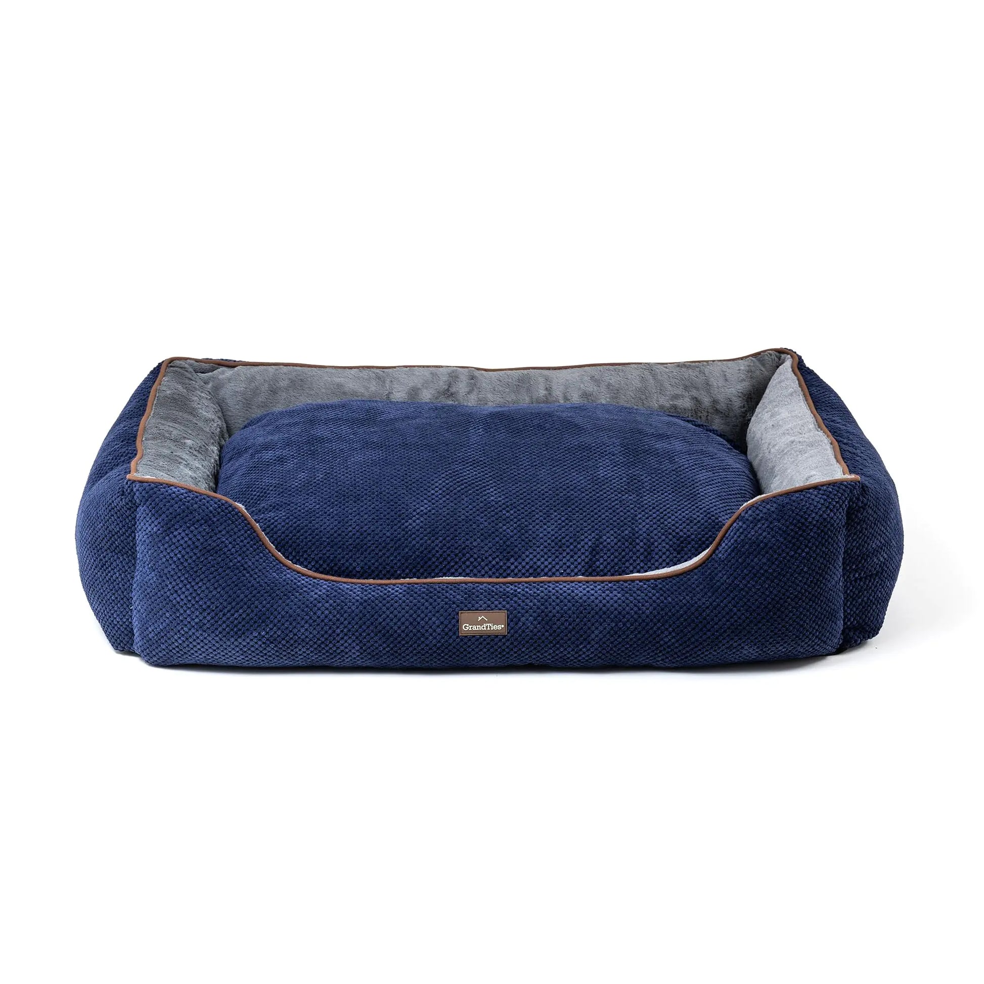 Blue pet bed with gray interior on a white background