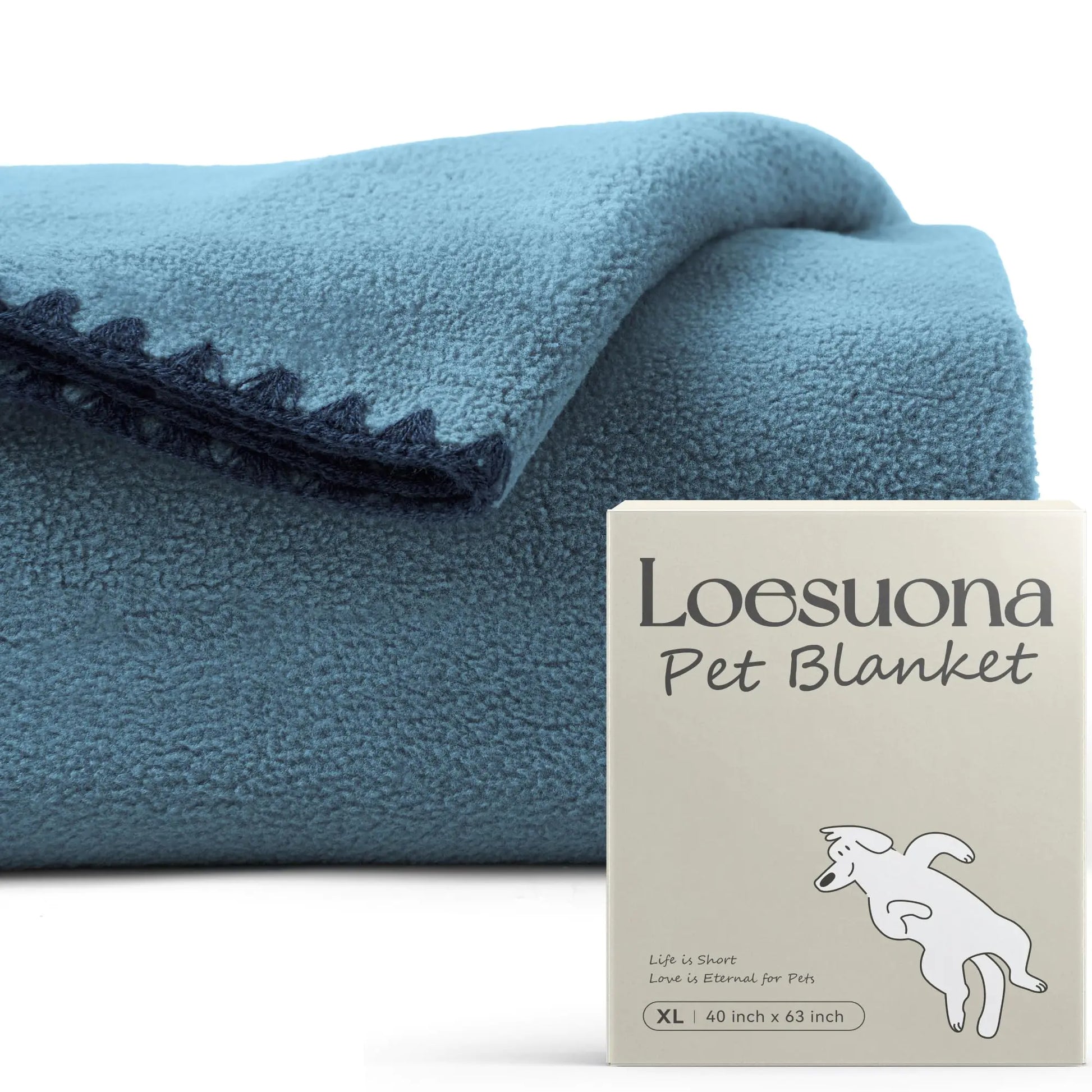 Blue pet blanket with Loesuona pet blanket packaging on a white background