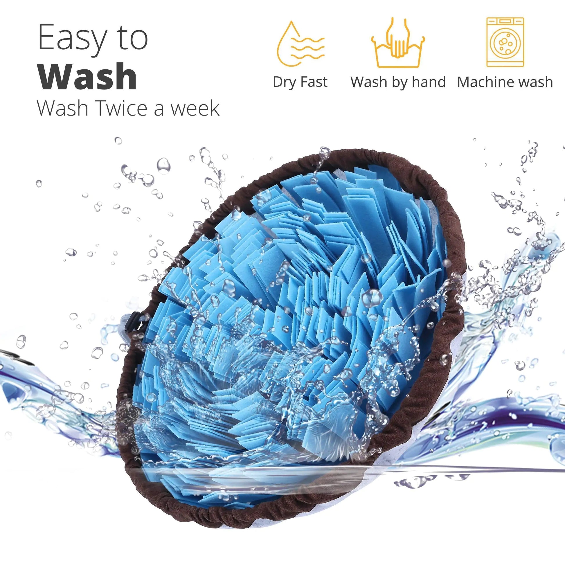 Blue pet toy with water splashes and washing instructions on a white background
