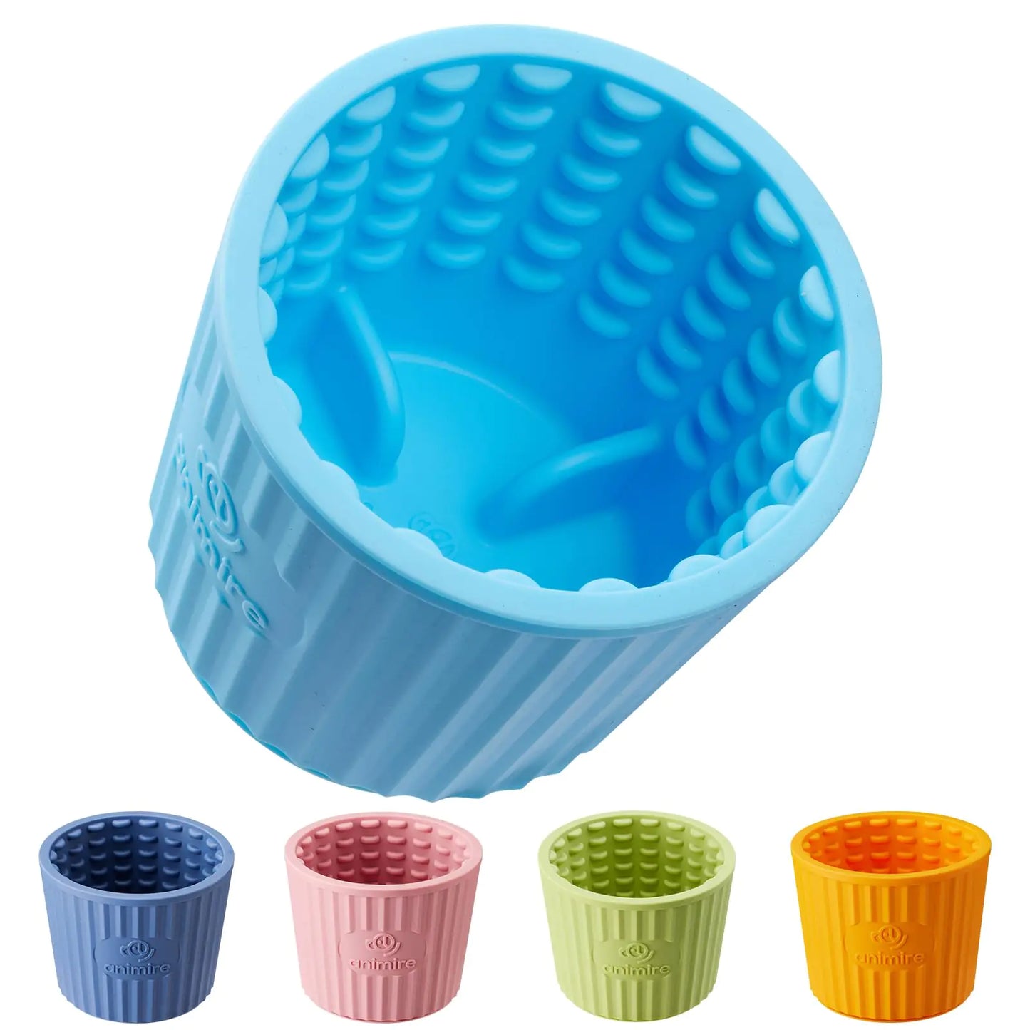 Blue silicone cup with textured interior, surrounded by four smaller silicone cups in different colors on a white background.