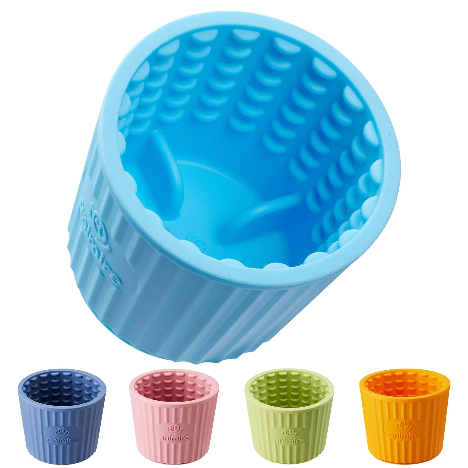 Blue silicone cup with textured interior, surrounded by four smaller silicone cups in different colors on a white background.