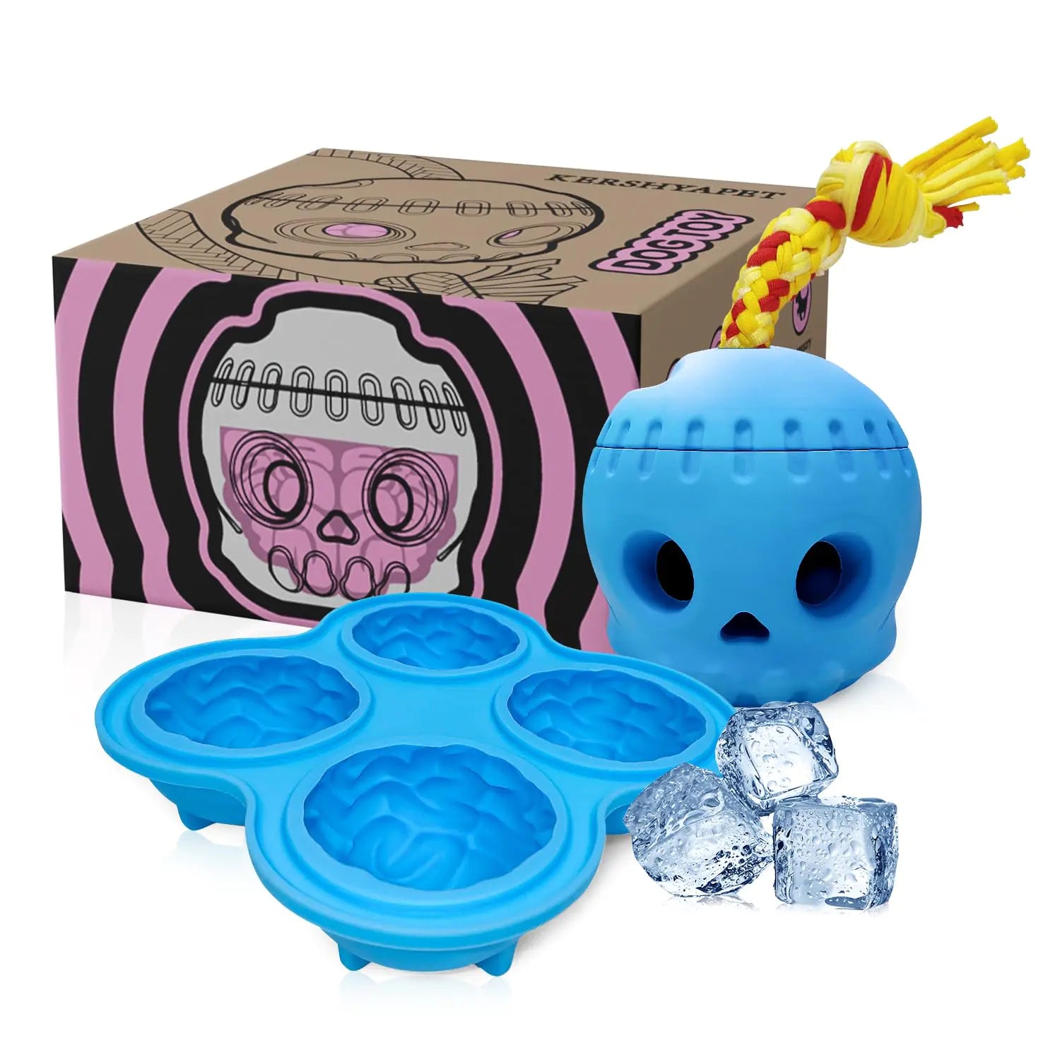 Blue silicone ice cube tray with skull-shaped mold, ice cubes, and a toy with a box in the background.