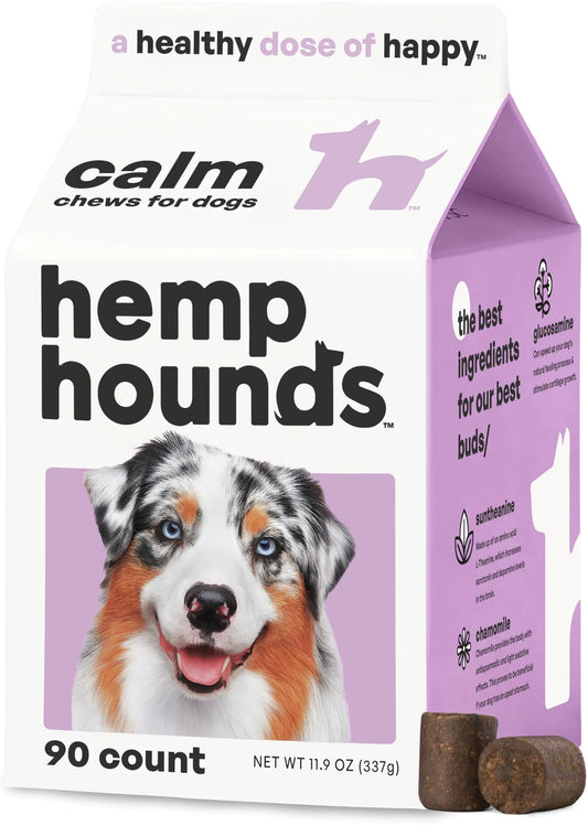 Box of hemp hounds calm chews for dogs with a dog's face on the packaging.