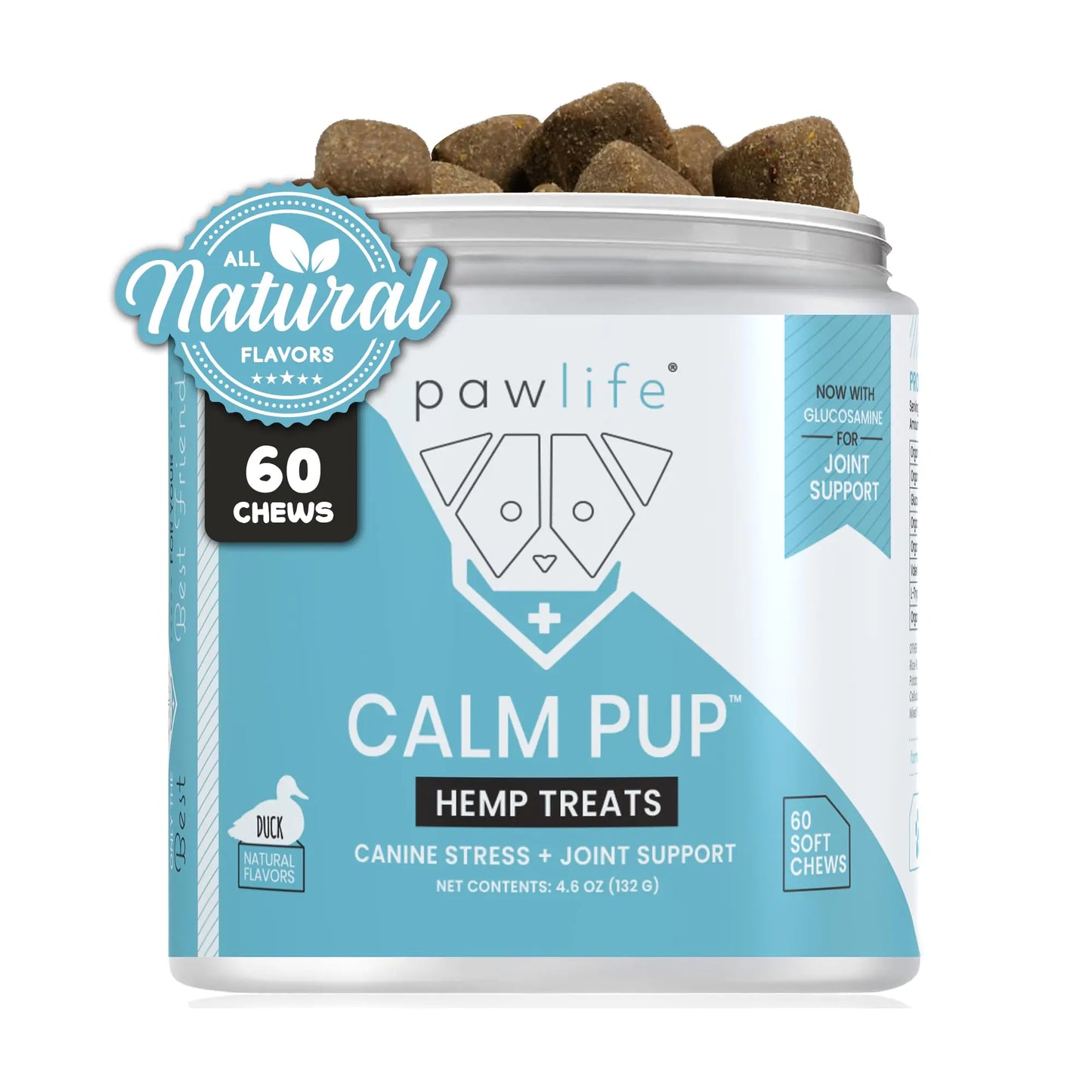 Container of pawlife Calm Pup Hemp Treats for dogs on a white background
