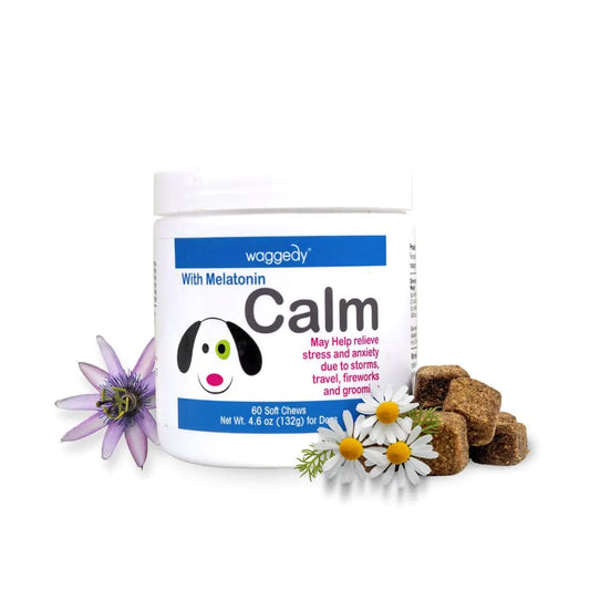 Woggedy Calm supplement for dogs with flowers on a white background