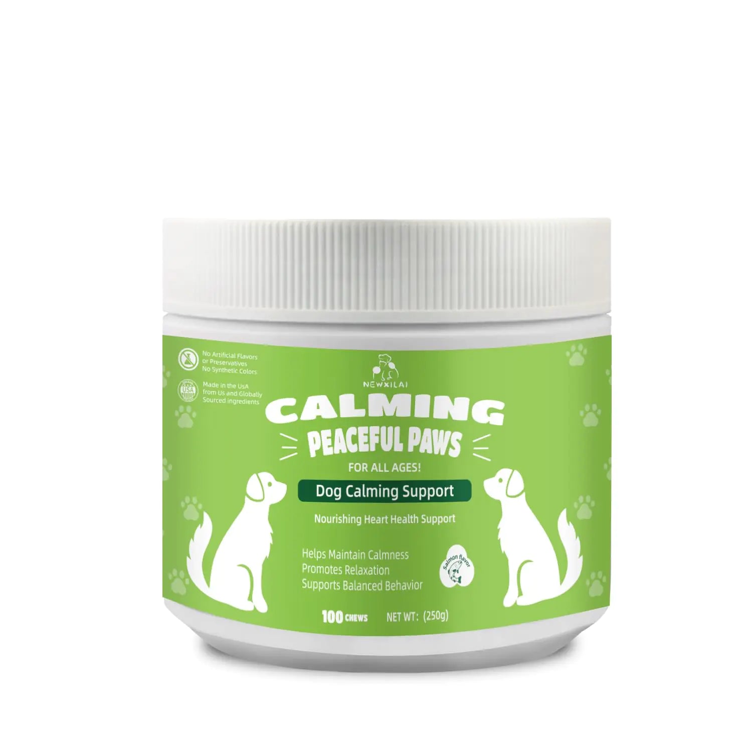Jar of 'Calming Peaceful Paws' dog supplement on a white background