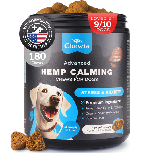 Jar of Chewia Advanced Hemp Calming Chews for dogs with a happy dog illustration on a white background