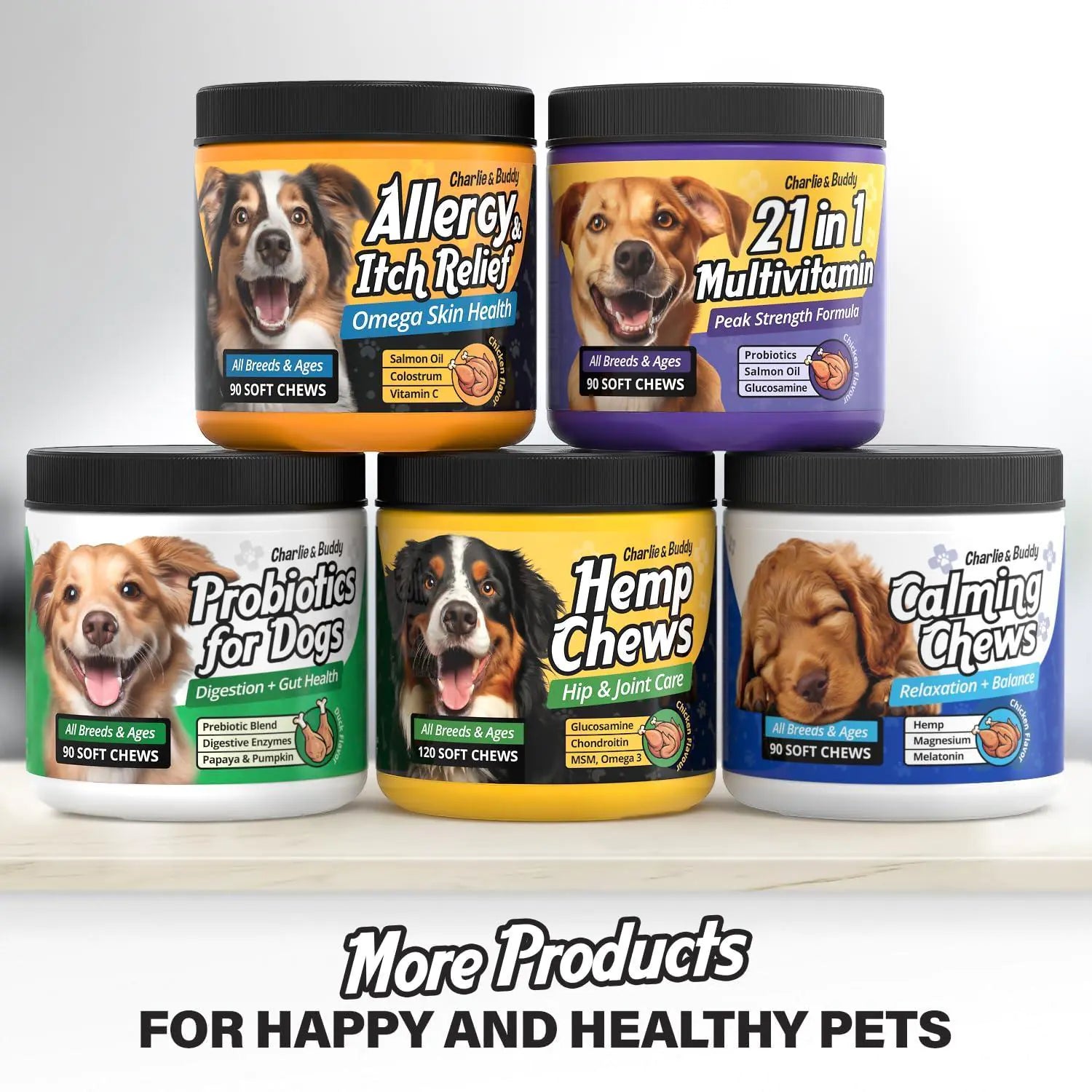Collection of pet health products including soft chews for dogs on a white background.