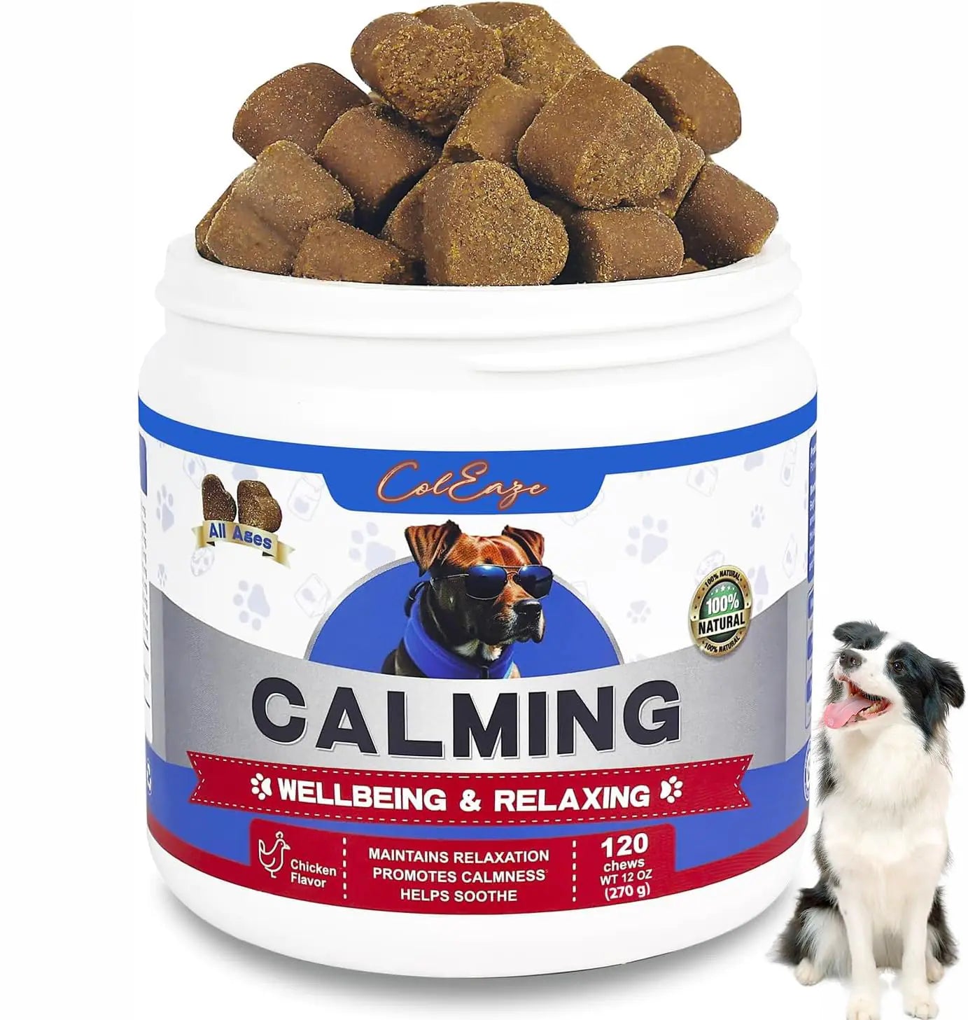 Container of dog chews labeled 'Calming' with a dog sitting next to it on a white background