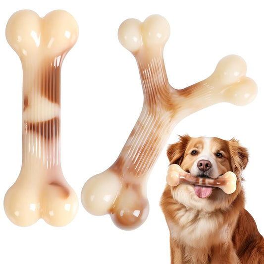 Dog bone-shaped chew toy with a dog holding it in its mouth on a white background