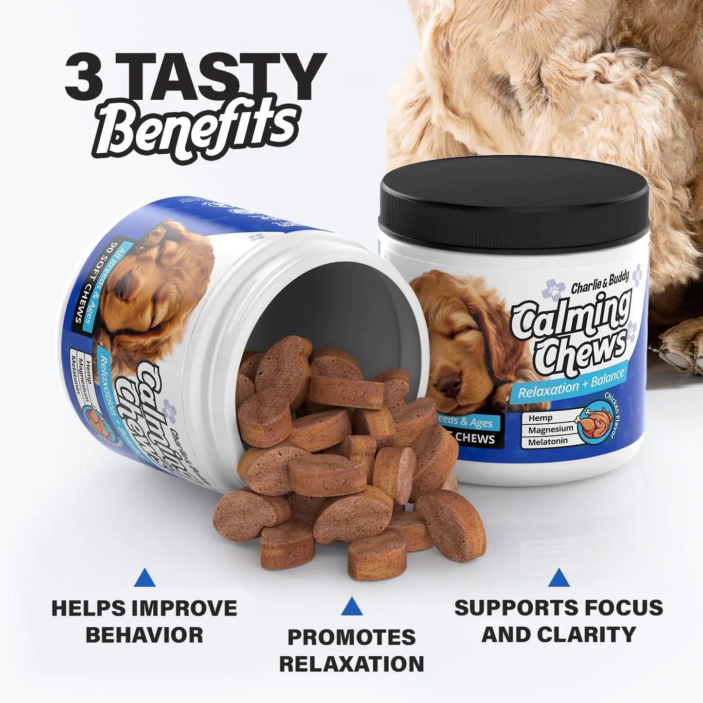 Dog calming chews with visible benefits on a white background