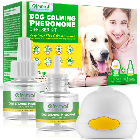 Dog calming pheromone diffuser kit with bottles and packaging featuring a girl and dog on a white background.