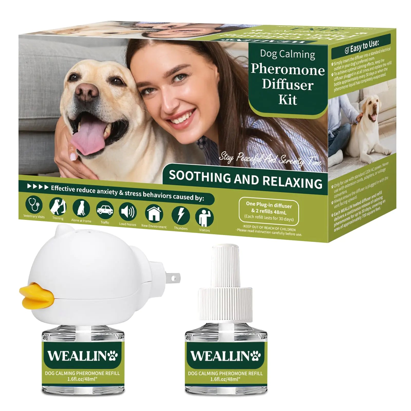Dog calming pheromone diffuser kit with diffuser and refills on a white background
