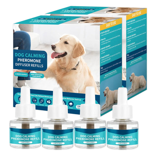 Dog calming pheromone diffuser refills with packaging on a white background