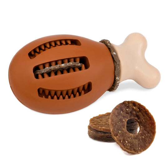 Dog chew toy with a bone shape and treats on a white background