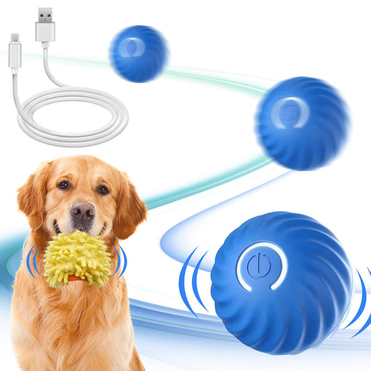 Dog holding a green ball with blue electronic balls and a charging cable on a white background