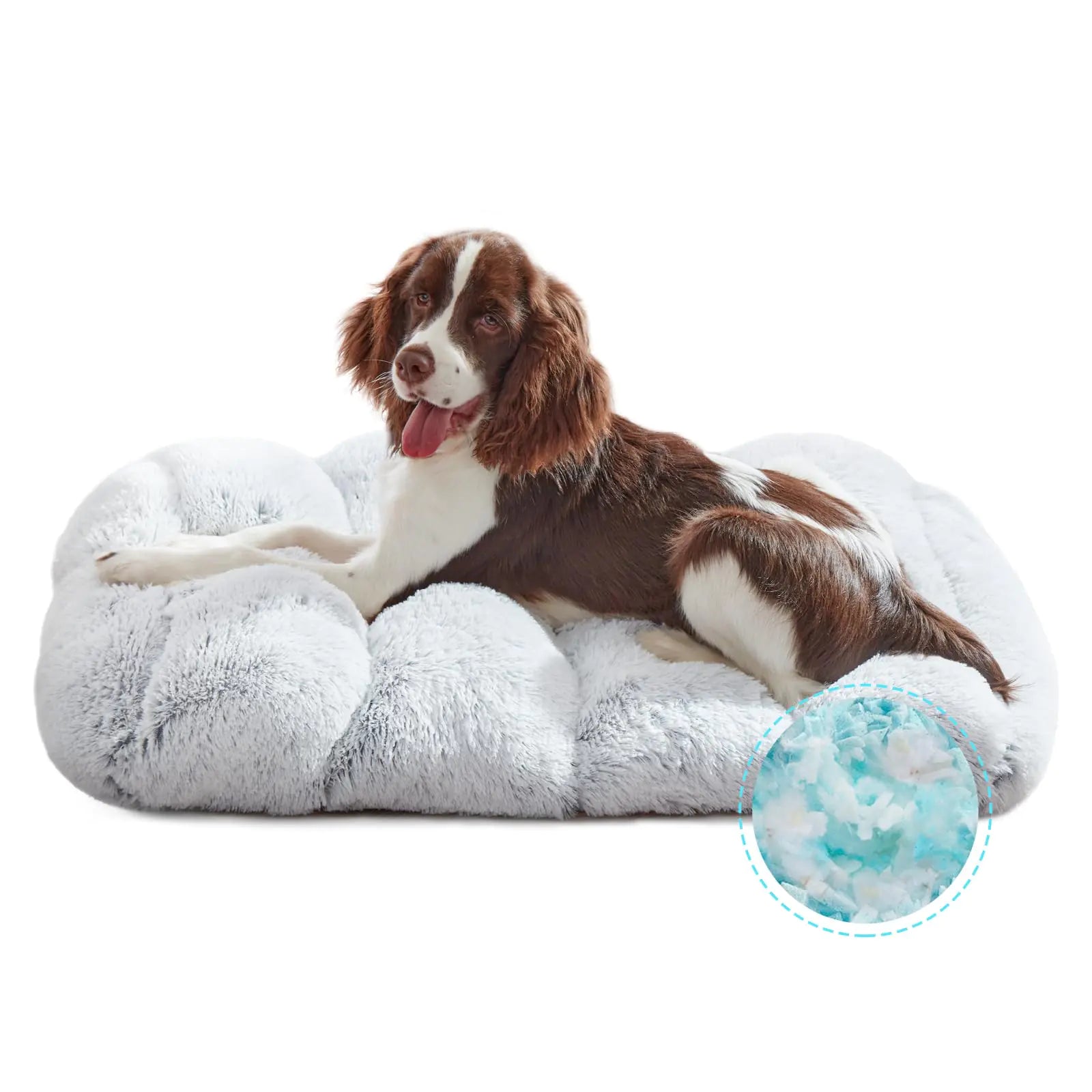 Dog lying on a fluffy white pet bed with a blue and white ball nearby.