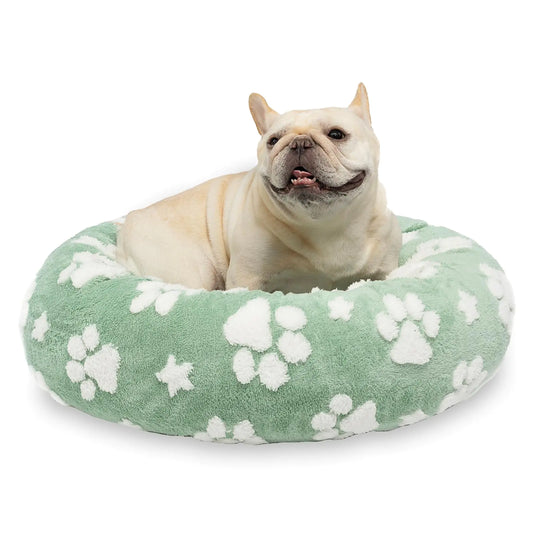 Dog lying on a green donut bed with paw print pattern