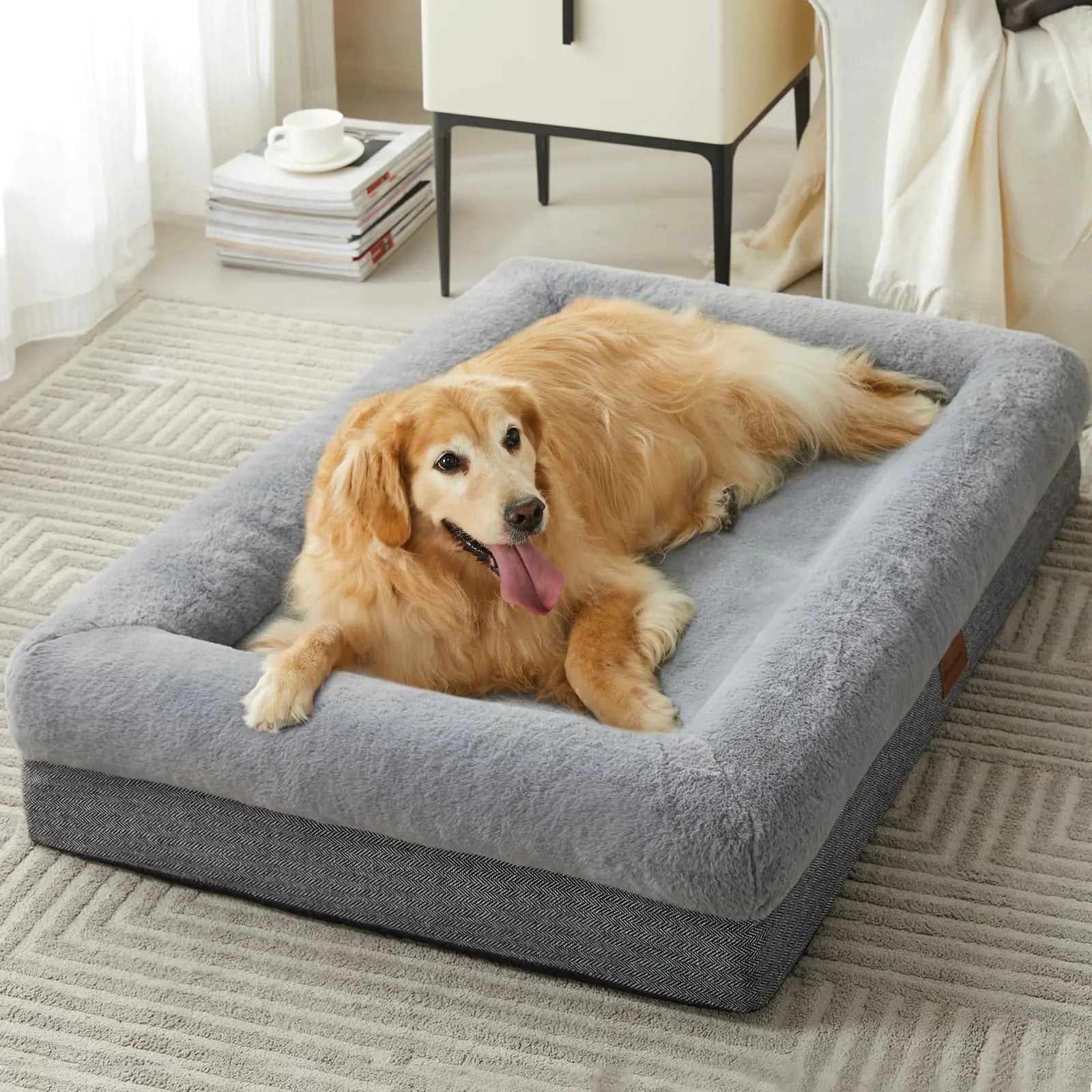 Dog lying on a large gray pet bed in a cozy living room.