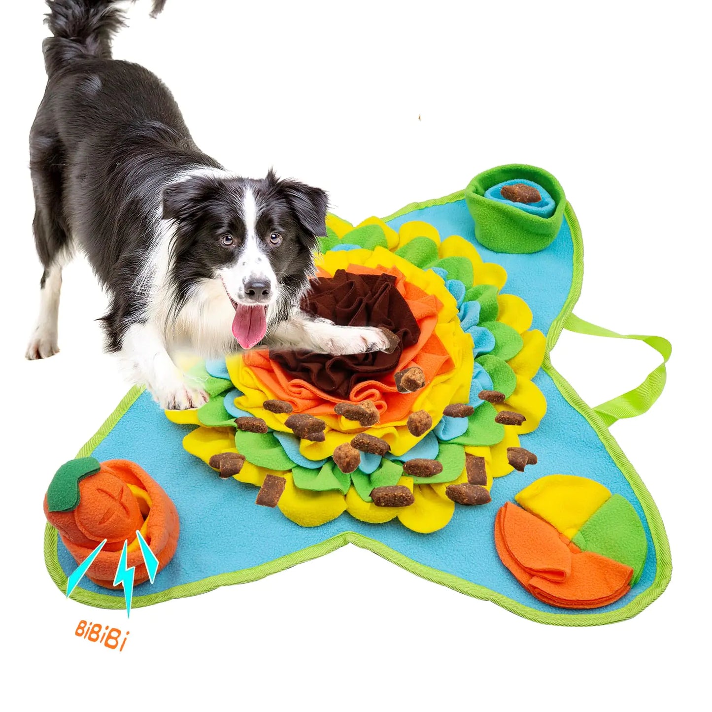 A dog playing with a colorful interactive dog mat on a white background