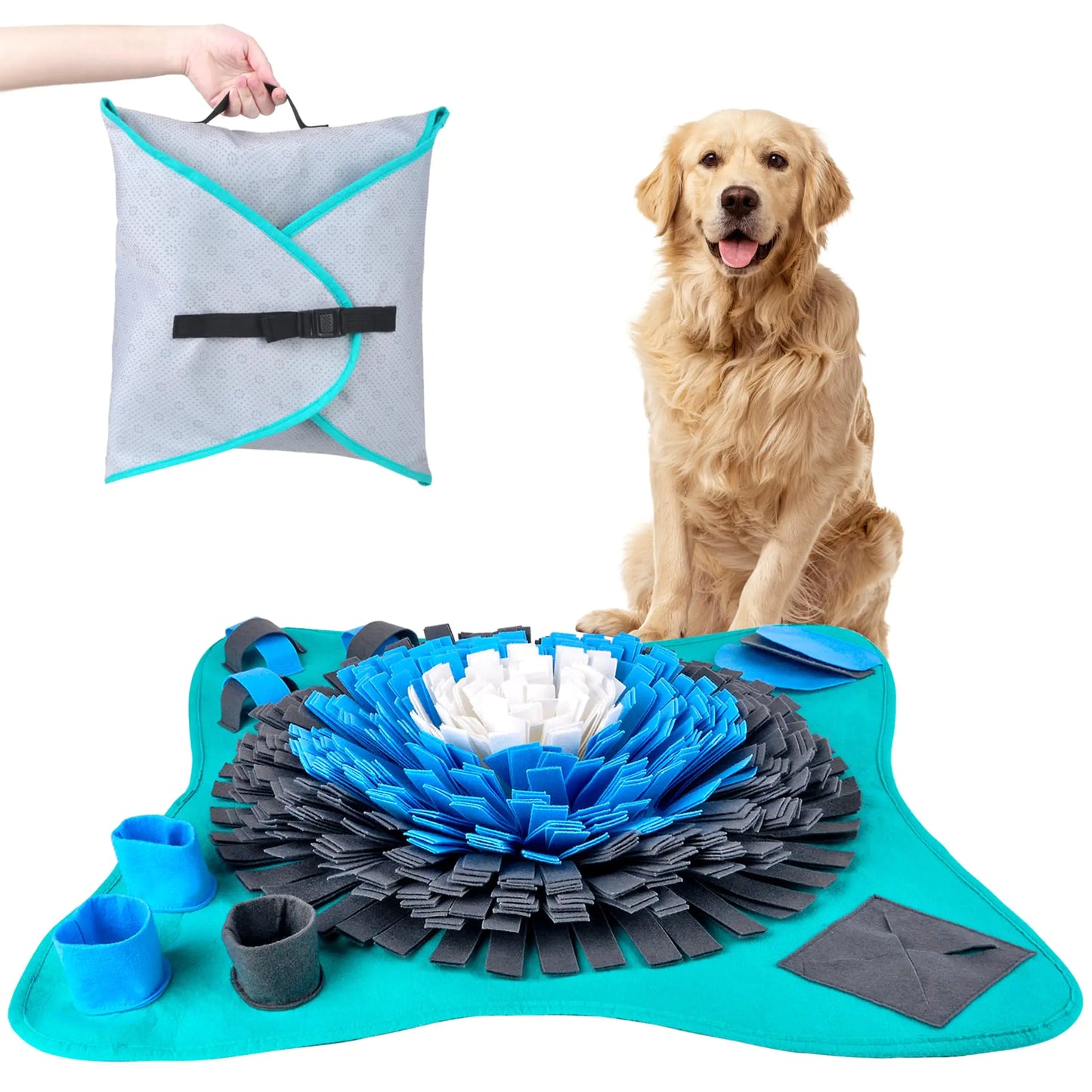 A dog puzzle mat, snuffle, and foraging mat with a dog sitting on it includes a carry or storage bag