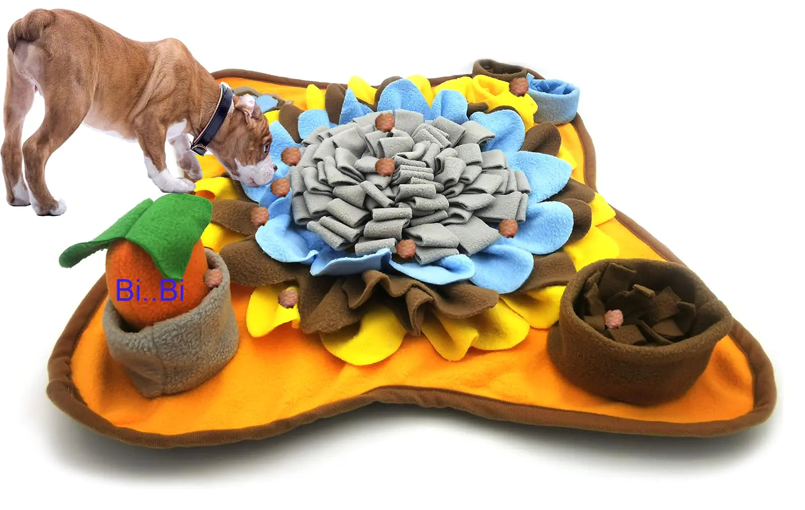 Dog snuffle mat and foraging mat shaped like a pizza with various textures and colors on a white background