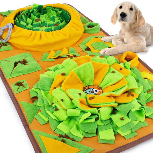 Dog toy with green and yellow design on a wooden board, with a dog sitting next to it.
