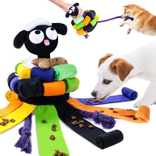 Dog toys with colorful materials and a dog interacting with them on a white background